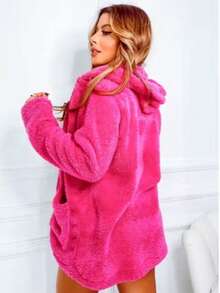 Simple Casual Party Woolen Fabric Fuzzy Coat Everyday Winter - 玫紅色 - 查看 4