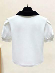 女童 Polo 衫学院风夏季新款短袖衬衫泡泡袖时尚休闲上衣，返校季 - 白色 - 查看 4