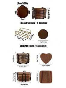 1 Set/6pcs Wooden Coasters With Holder Rack, Heat Insulation Non-Slip Cup Mat, Simple Wooden Coasters, Black & Gold Cup Coaster Holder, Suitable For Modern Home Decor, Coffee Table Top Protection, Rustic Style Outdoor Coasters For Any Cups, Gift - Multicolor - View 7