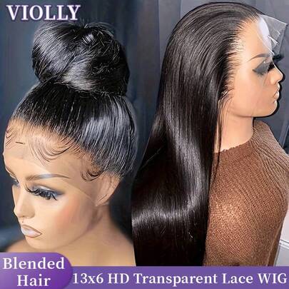 VIOLLY 200% 密度耳到耳自然黑 13X6 自由分缝高清透明蕾丝前假发巴西真人发假发 26 英寸自由分缝棕色渐变挑染蜜金色直发假发带婴儿发，适合女性，外观自然，适合万圣节、婚礼派对、返校、成人礼、角色扮演，是送给女性的理想礼物。