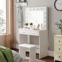 White Dressing Table Set With LED Lights Mirror, Vanity Makeup Table 2 Large Drawers And Stool - White - View 6