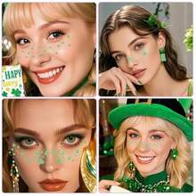 6 Pcs Shamrocks Freckles Temporary Glitter Tattoos For Women St Patricks Day Face Tattoo Stickers Green Makeup Tattoo St Patricks Day Accessories - 綠色 - 查看 6