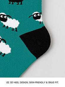 1双男士绿色卡通可爱绵羊图案个性化艺术设计透气船袜，适合旅行、居家、办公、节日礼物 - 彩色 - 查看 5