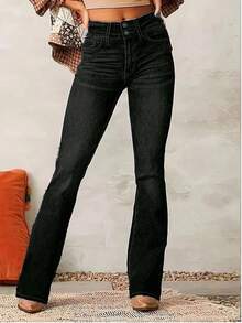 Jeans de mujer con diseño de doble botón elástico, pierna acampanada versátil y casual - Negro - Ver 2