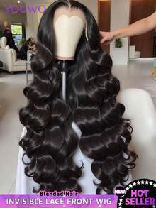 自然黑色蕾丝前假发，波浪卷发，13x4蕾丝前手工编织假发，混纺真人发，200%密度，高清蕾丝前假发，黑色假发，预先拔毛，带婴儿发，女士假发，8-34英寸 - 自然色&黑色系 - 查看 2