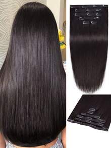 Set de 6 pelucas largas y rectas resistentes al calor con degradado ombre negro natural para mujeres, con 16 clips - SNatural - Ver 2