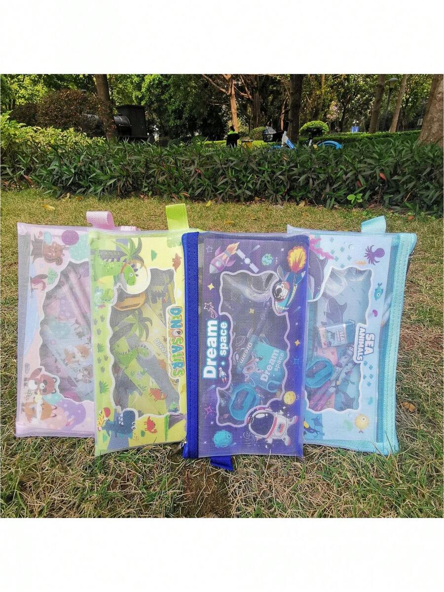 5pcs/Set, Mesh Stationery Bag With Pencil, Ruler, Notebook, Pencil Sharpener, Eraser, Mesh Zipper Stationery Gift Bag, Pencil Case Set, Halloween/Christmas Gift - Multicolor - View 1