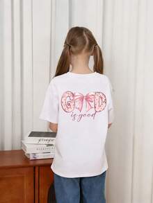 Koszulka dla dziewcząt z krótkim rękawem i okrągłym dekoltem, letnia góra, nadruk zabawny - Biały - Zobacz 2