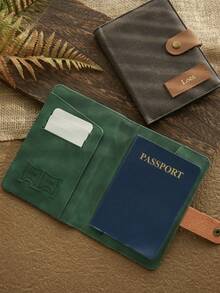 Takeoak 1pc Customized Name With Fashion Buckle Gold Personalized Word Waxed Canvas Texture Passport Cover Unique Document Card Holder Travel Accessory Handmade Fashion Travel Accessory Men's Father's Day Gift - Multicolor - View 8
