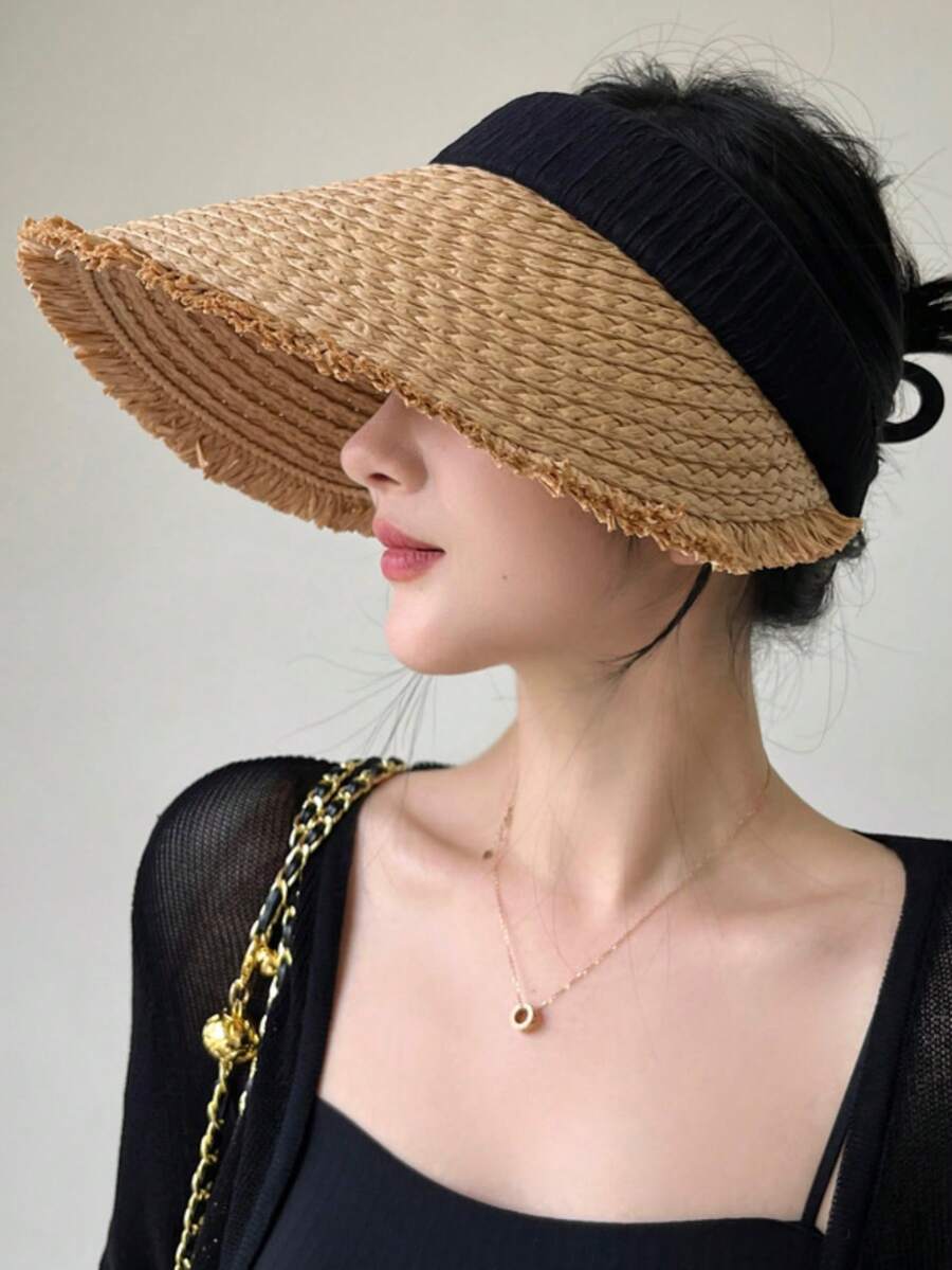 1pc Foldable Wide Brim Fringed Sun Hat, Suitable For Spring/Summer Beach Vacation UV Protection - Multicolor - View 1