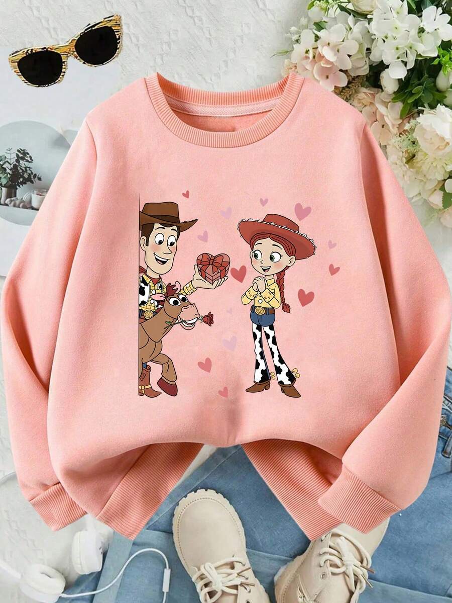 This Disney Girls' Sweatshirt Features A Creative Valentine's Day Themed Print Of Toy Story Cartoon Characters. It's A Soft And Comfortable Crew Neck Sweatshirt Perfect For Autumn And Winter, Suitable For Everyday Wear, Shopping, School, And Casual Occasions. It Makes A Wonderful Gift. - Pink - View 1