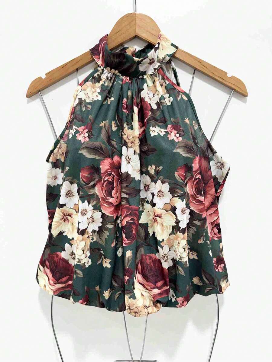 Stylish Women's Floral High Neck Blouse - 墨綠色 - 查看 1
