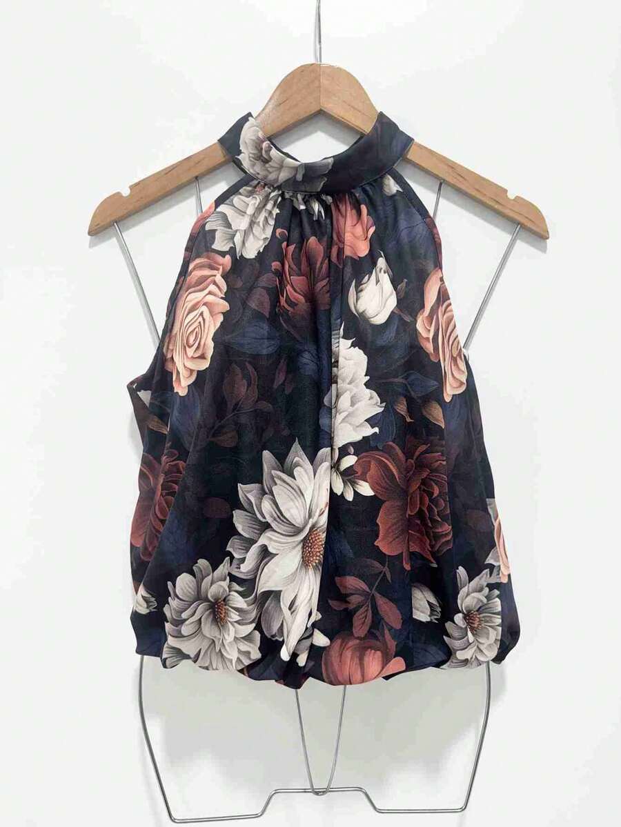 Stylish Women's Floral High Neck Blouse - 藏蓝色 - 查看 1