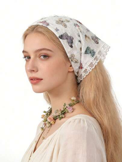 1pc Spring & Summer Floral & Butterfly Print Lace Headband, Sheer Triangle Headpiece For Women, Suitable For Vacation, Music Festival, Vintage Bridal Hairstyle, Ideal For Cottage-Core Outfit