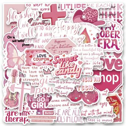 50pcs Pink Romantic Quote Stickers, Multicolor Pattern Stickers, Fun Stickers, Retro Decorative Stickers Suitable For Bottles, Decorative Paper, Journals, Notebooks, Laptops, Cars, Skateboards, Water Bottles, Computers, Phone Cases, Greeting Cards, Photo Albums, Furniture, Etc.