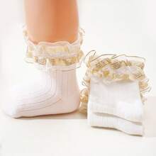 3双新款蕾丝边白色袜子，四季皆宜的百搭时尚袜子，公主风甜美女婴袜子，金色镶边优雅袜子 - 金色 - 查看 12
