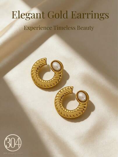 Elegant 18K Gold-Plated Stainless Steel Pearl Hoop Earrings For Women, Perfect For Holiday Getaways And Parties, And An Ideal Gift For Celebrations Or Birthdays.