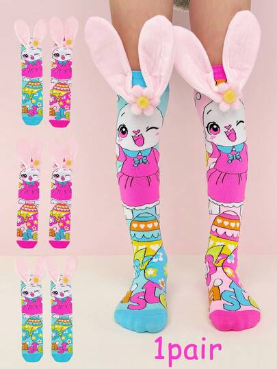 1 Pair Kids Over-The-Knee Socks With Rabbit And Easter Egg Patterns, 3D Ear Decor, Fun & Crazy Style Suitable For All Year Round Wear, Crazy Day Gift, Children's Party, Valentine's Day, Easter Holiday, Outdoor & Daily Use