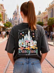 This Disney Women's T-Shirt Features A Creative Double-Sided Print Of Mickey Mouse And His Friends' Lettering And Cartoon Designs. It's A Spring/Summer Style Crew Neck Retro Washed Cotton T-Shirt, Made Of Soft And Comfortable Pure Cotton Fabric, Suitable For Everyday Wear, Shopping, Travel, And Casual Occasions. It Also Makes A Wonderful Gift. - Black - View 3