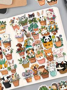 50pcs Potted Animal Stickers Cute Cartoon Aesthetic For Journal, Phone Case, Tablet, Water Bottle, Desk, Luggage, Waterproof Decals - متعدد الألوان - مشاهدة 4