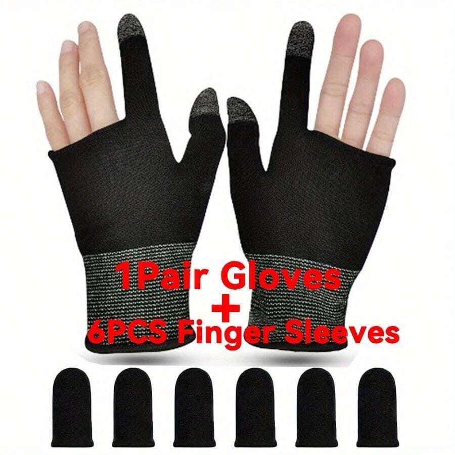 2pcs Gaming Gloves + 6pcs Finger Sleeves, Anti-Sweat, Ultra-Thin, Breathable Touch Screen Gloves With Thumb Covers, Suitable For Smartphones