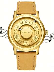 DOM 1pc Men's Watch, Retro Style Roman Numeral Dial Quartz Waterproof Wristwatch, Unique Magnetic Levitation Technology, Leather Strap And Steel Strap, Suitable For Gifts And Daily Wear - Gold Dial Brown Leather Strap - View 1