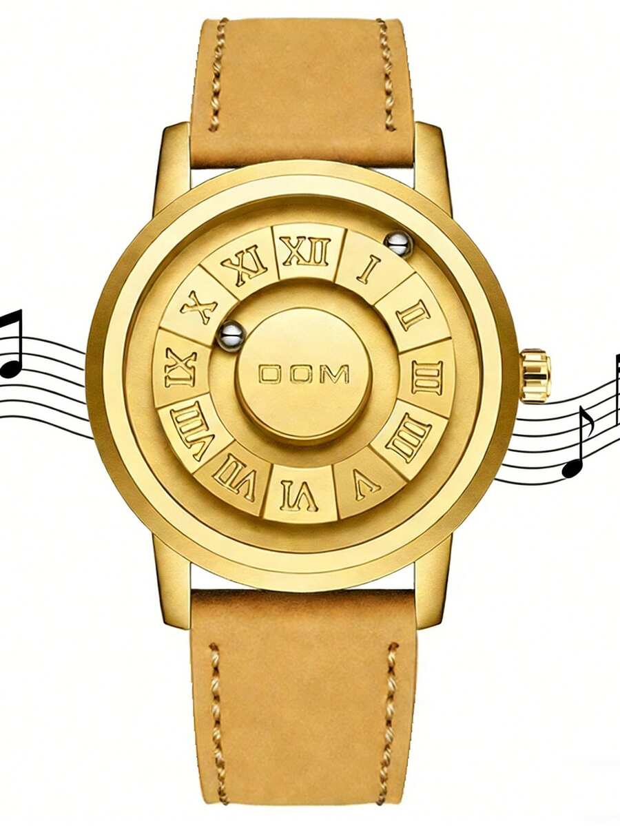 DOM 1pc Men's Watch, Retro Style Roman Numeral Dial Quartz Waterproof Wristwatch, Unique Magnetic Levitation Technology, Leather Strap And Steel Strap, Suitable For Gifts And Daily Wear - Gold Dial Brown Leather Strap - View 1