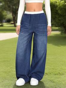 少女休闲阔腿裤，蓝白条纹宽松版型，现代风格，时尚长裤，轻便透气 - 深色水洗藍 - 查看 6