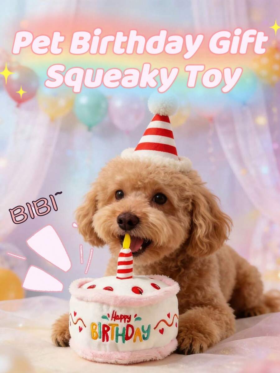 1pc Realistic Birthday Cake Toy With Sound, "HAPPY BIRTHDAY" Embroidery, Built-In BB Sound Maker, Heart Embroidery, 3D Birthday Candle, Birthday Party Photo Prop, Pet Interactive Toy, Suitable For Cats & Dogs, Birthday/Party Gift - Multicolor - View 1
