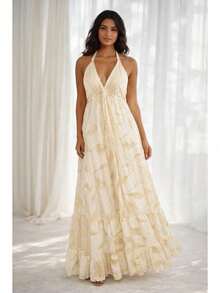 Elegant White Long Dress For Women, Long  Silk Print. - Medium Wash - View 2