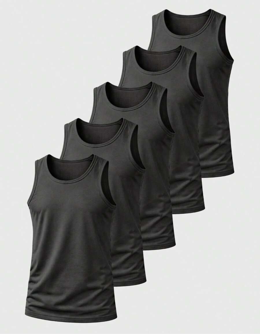Kit 05 Camiseta Regata Masculina Lisa Academia Básica Algodão 30.1 Fafenix - Preto - Visão 1