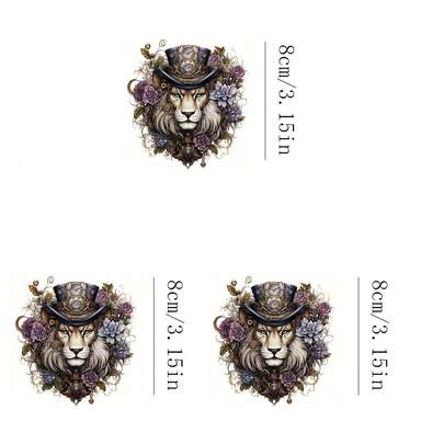 1 pieza/2 piezas/3 piezas Parche de transferencia de calor de león mecánico vintage, estilo industrial punk de prensa de calor, accesorio de ropa DIY adecuado para camisetas, sudaderas, gorras, bolsas