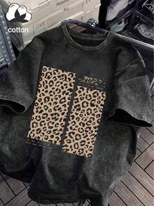 Women's Casual Vintage Washed T-Shirt, Leopard Print Patchwork Numeric Logo Decor Round Neck Short Sleeve Loose Tee, Suitable For Outings, Summer, Vacation, Plus Size Black - Black - View 1
