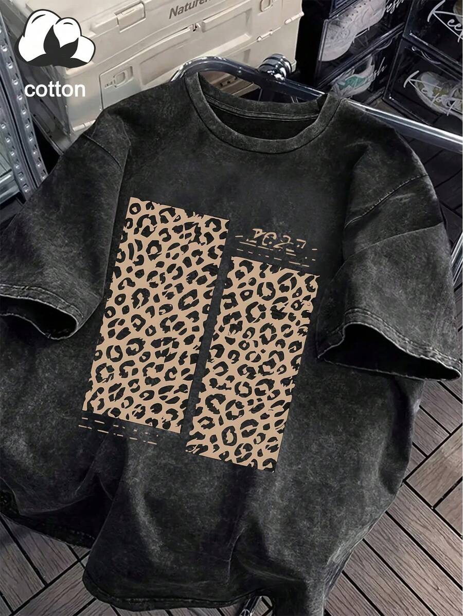 Women's Casual Vintage Washed T-Shirt, Leopard Print Patchwork Numeric Logo Decor Round Neck Short Sleeve Loose Tee, Suitable For Outings, Summer, Vacation, Plus Size Black - Black - View 1