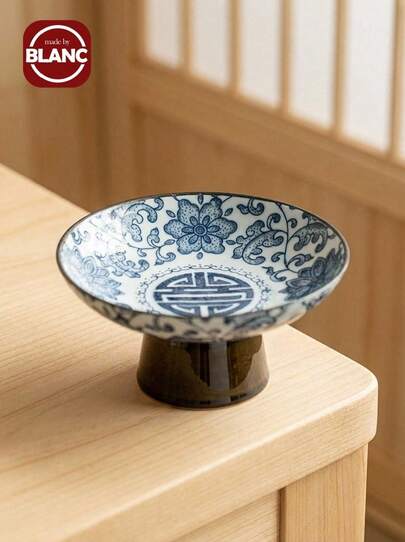 Antique Chinese-Style Dessert Plate With Pedestal And Traditional Patterns, Compact Tea Cake Plate; Minimalist High Footed Dish For Dim And Hot Pots