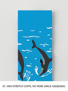 1双男士蓝鲸鲨鱼图案艺术设计精梳棉休闲中筒袜，适合旅行、居家、办公、节日礼物 - 彩色 - 查看 4