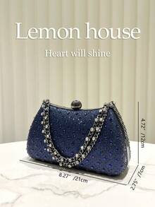 1pc Navy Blue Sparkling Rhinestone Clutch Bag, Luxury Elegant Box-Shaped Purse, Suitable For Evening Party, Wedding, Cocktail Party, Carnival, Gala And Other Occasions For Ladies - Navy Blue - View 3