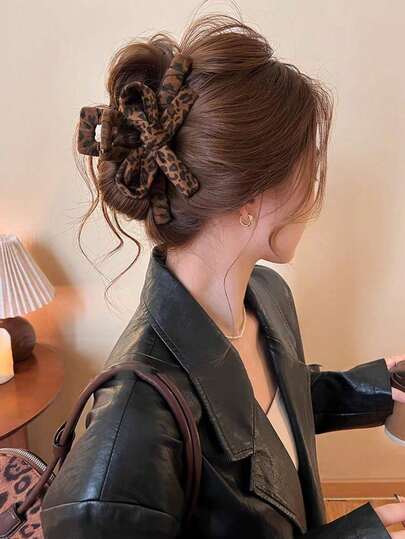 1pc Leopard Print Bow Claw Clip, Elegant Large Hair Claw Hair Accessory For Women, Autumn/Winter Vacation Hair Clips