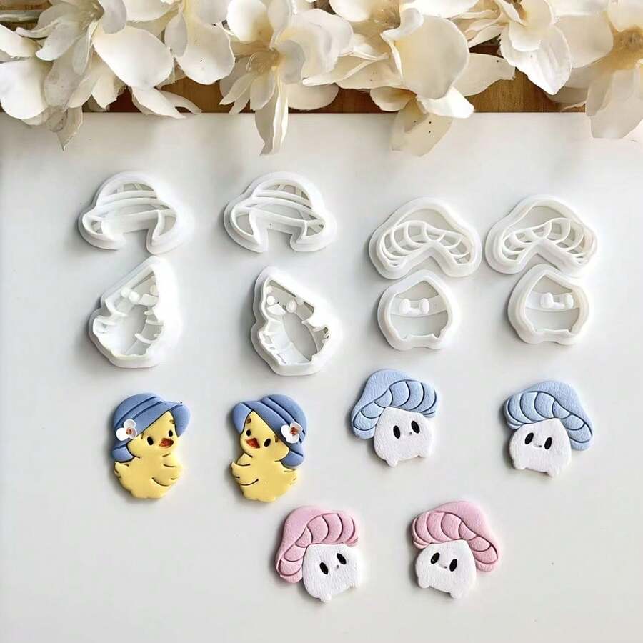 4pcs Duck, Mushroom Elf Polymer Clay Mold Set, DIY Craft Ceramic Tool, Polymer Clay Jewelry Making Supplies, Handmade Earring Mold - White - View 1