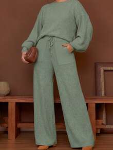 Women's Long-Sleeved Mousse Knit Set, Women's Winter Clothing, Tailored Pants - 綠色 - 查看 2