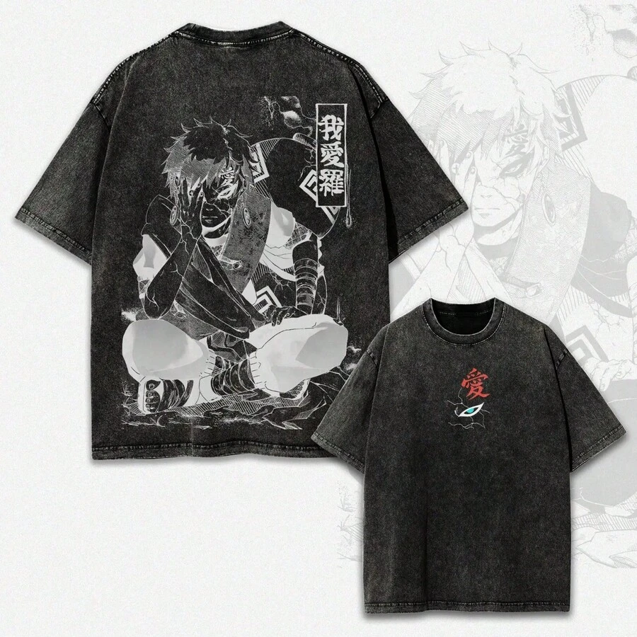 Camisetas de San Valentín: Camiseta Vintage de Gaara con Doble Estampado – Camiseta Oversized de Anime Manga Unisex - Negro - Ver 1