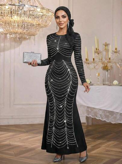 SHEIN Lady 生日派对礼服女士长裙黑色圆领女裙钻石印花设计女裙优雅宴会酒会女士长裙黑色长袖连衣裙长款秋季连衣裙长款秋季连衣裙秋季女裙