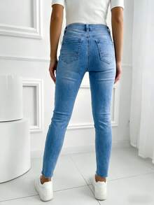 女士長褲牛仔褲skinny 帶彈性 口袋 舒適 牛仔褲 排紐簡約日常穿搭 - skinny藍色 - 查看 2