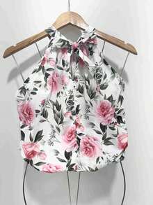 Stylish Women's Floral High Neck Blouse - Baby Pink - View 3