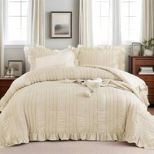 Beige Textured Comforter Set King,3 Pieces Ruffle Farmhouse Shabby Chic Comforter For Queen Bed,Soft Seersucker Boho Bedding Set With 1 Ruffle Comforter,2 Tufted Pillowcases 104"*90" For All Seaaons Home Decor Bedroom Decor Bed Comforter Set Mothers Day Gift. - Beige-0958 - 查看 11
