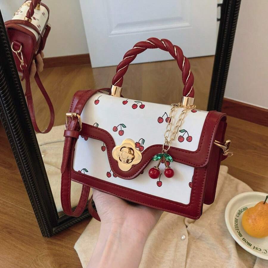 Fashionable High-End Pu Tote Bag With Versatile Square Shape And Cute Cherry Print, Perfect For Shopping, Dating Or Cross-Body For Girls., Kawaii Cherry Elements , Cute - Đỏ - Xem 1