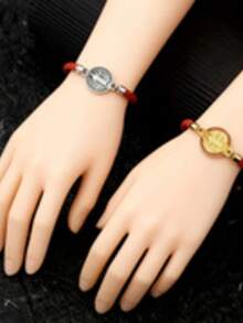 2条新款可调节红色绳手链和圣本笃奖章，女士时尚休闲编织绳手链 - 紅色 - 查看 4