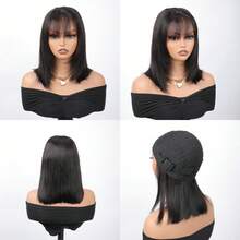 Short Black Hair Glueless Bob Wig With Airy Bangs Human Hair 4X4 Closure Wig Ready To Go Bob Wig, Wear Go Pre Cut Pre Plucked Glueless Closure Wig Layered With Fringe Bangs - SNatural - View 5