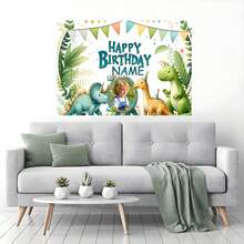 1 Customizable Name And Photo Party Banner, Cartoon Cute Dinosaur Birthday Theme Party Background Tropical Jungle Birthday Shower Party Background Portrait Photography Prop Vinyl - F - View 9