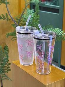 1pc,Cute Pink Bow Reusable Plastic Tea Cup With Lid And Straw,Watar Bottle For Men And Wowen,Office&School& Birthday&Party - Multicolor - View 5